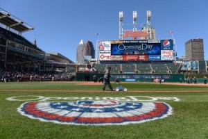CLEVELAND, OH - APRIL 5: A member of the grounds crew paints the first base line prior to the start of the Opening Day game between the Cleveland Indians and the Toronto Blue Jays at Progressive Field on April 5, 2012 in Cleveland, Ohio. (Photo by Jason Miller/Getty Images)
